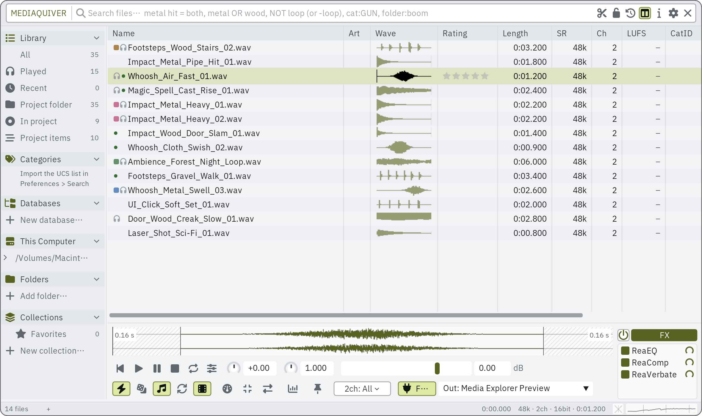 The MediaQuiver window: sound files with their waveforms, the library on the left, and the player with the preview track's FX chain below