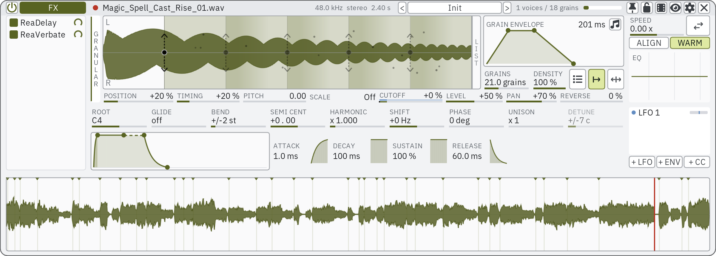 The SampleRecast window: five grain positions on the waveform of a spell sound, the grain envelope, the sampler controls, and the last 30 seconds played along the bottom